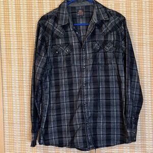 Moonshine Spirit Mens M Shirt Black Gray Plaid Flannel Pearl Snap Western Street